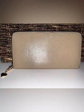 Celine Tan Pebbled Leather Zip Around Wallet Red Interior